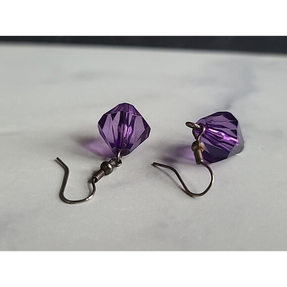 Silver Tone Metal Purple Beaded Dangling Pierced Earrings Vintage - Picture 7 of 10
